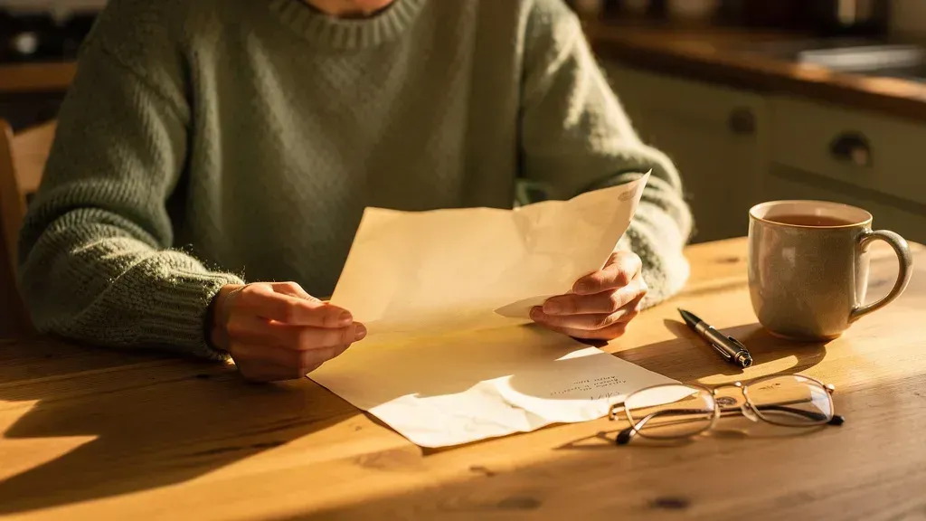 A person in a sage-green jumper reading a printed document carefully at a kitchen table, with a mug of tea, a pen and reading glasses