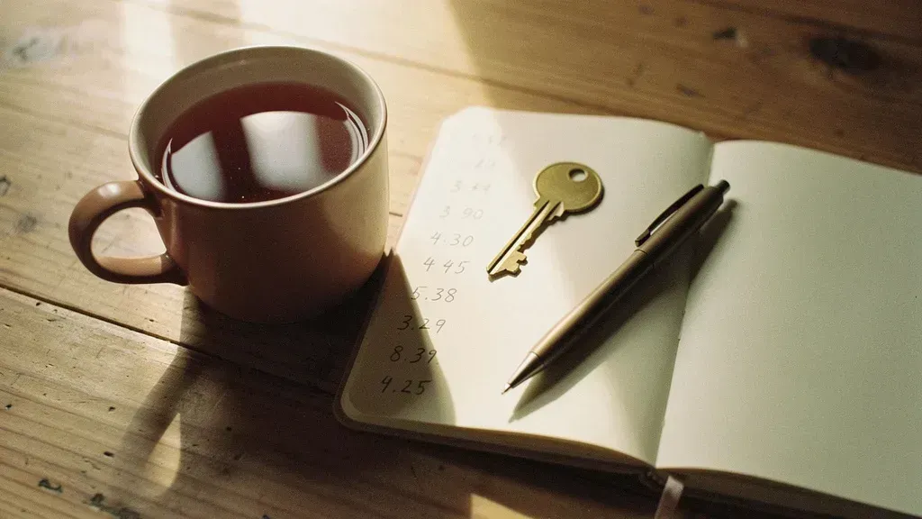 A brass house key beside an open notebook of handwritten figures and a mug of tea on a wooden table