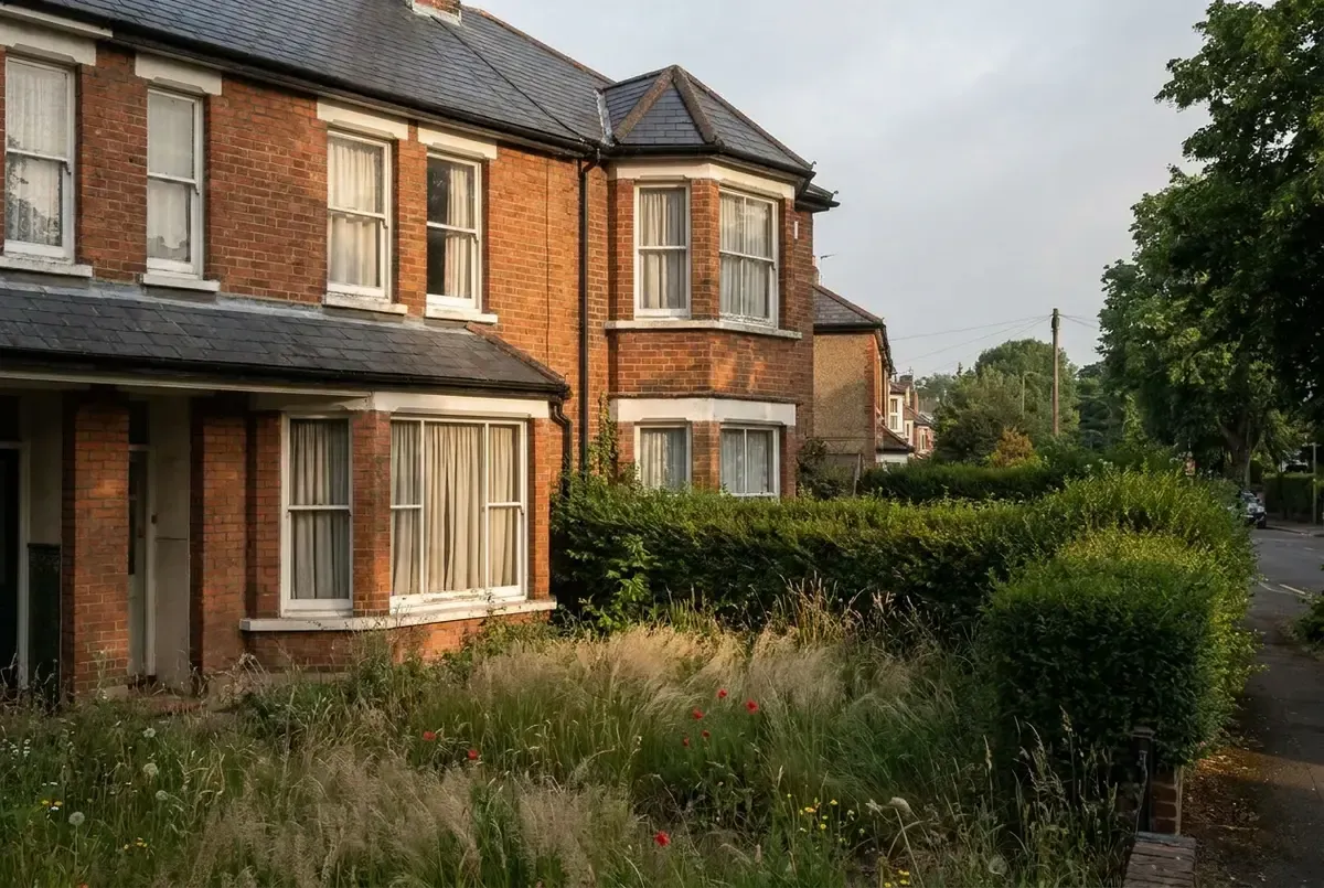 A quiet UK semi-detached house with an overgrown front garden