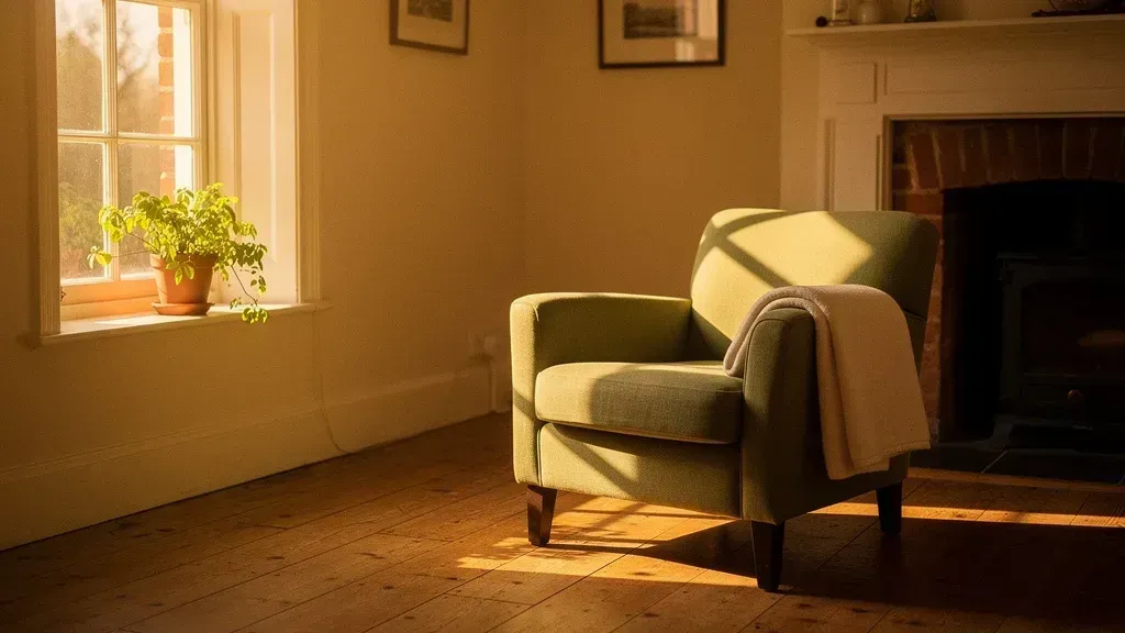 Warm morning light falling across a calm living room with a sage-green armchair and a potted plant on the windowsill