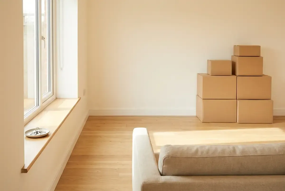 A bright tidied UK living room prepared for sale, moving boxes stacked