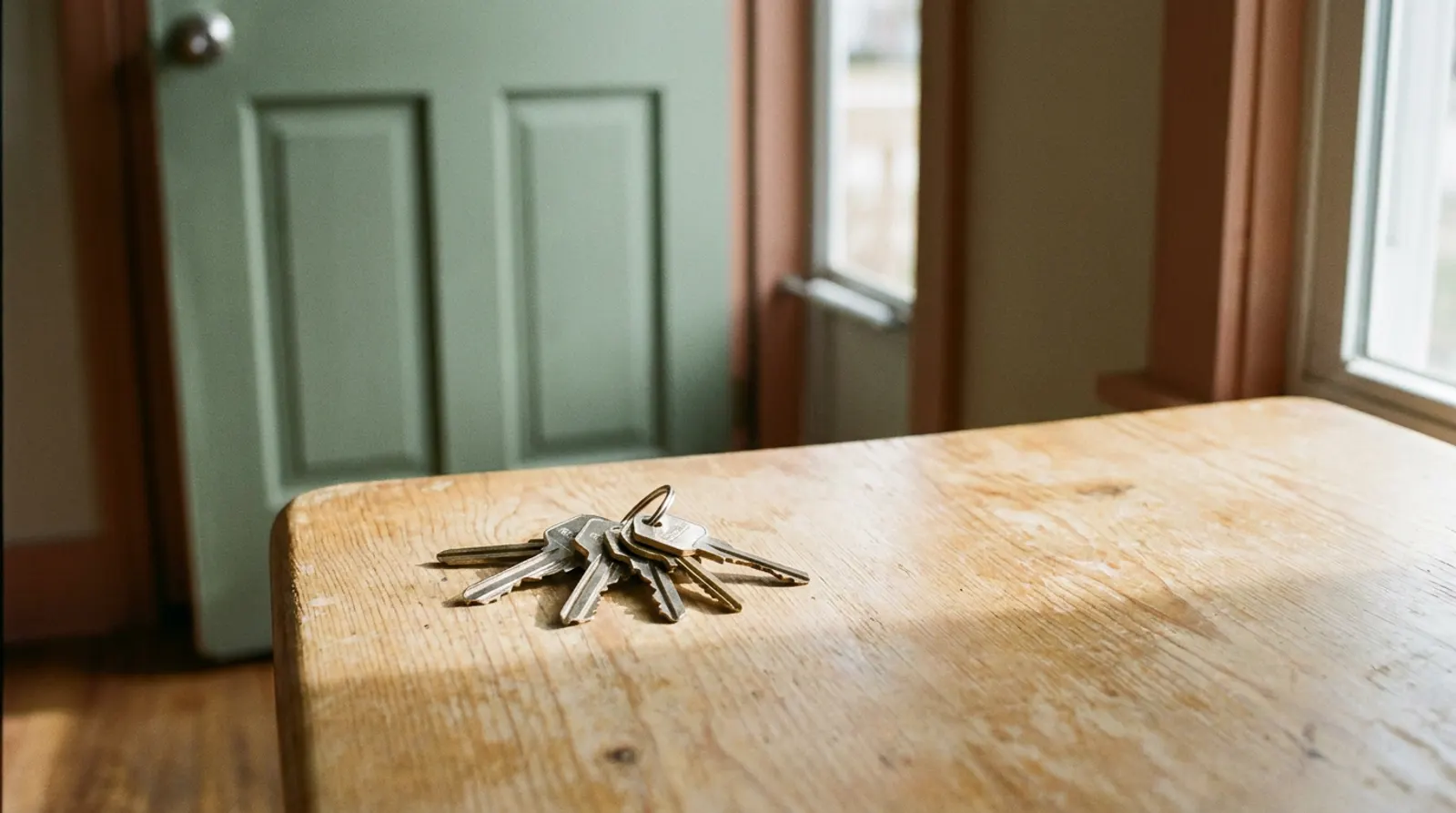 A set of house keys resting on a wooden table by a sage-green door